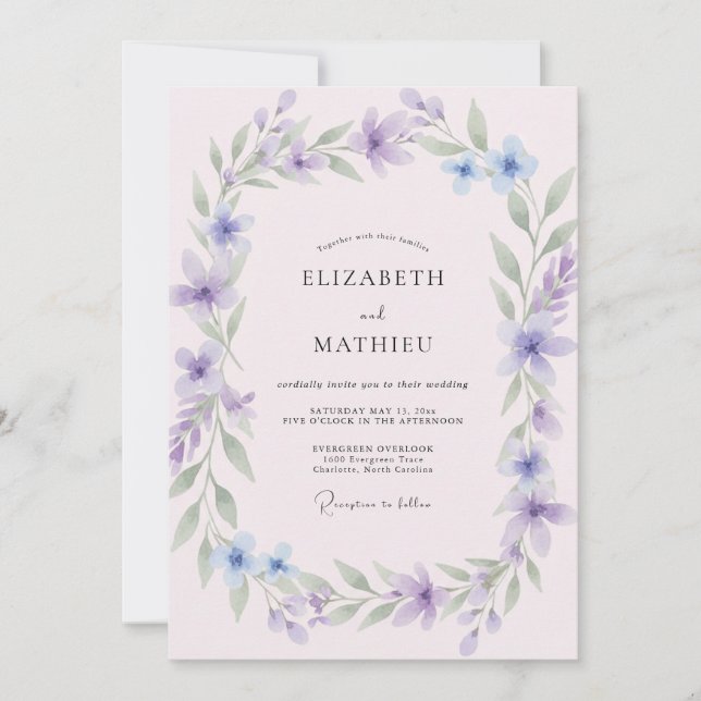 Invitation Mariage aux vignes de lilas pervenche (Devant)