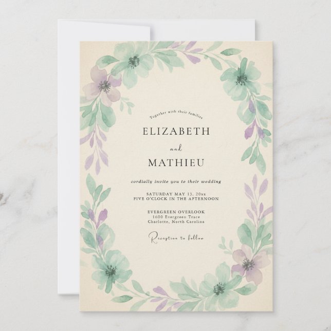 Invitation Mariage aux Vignes de Lilas Sourdine Menthe (Devant)