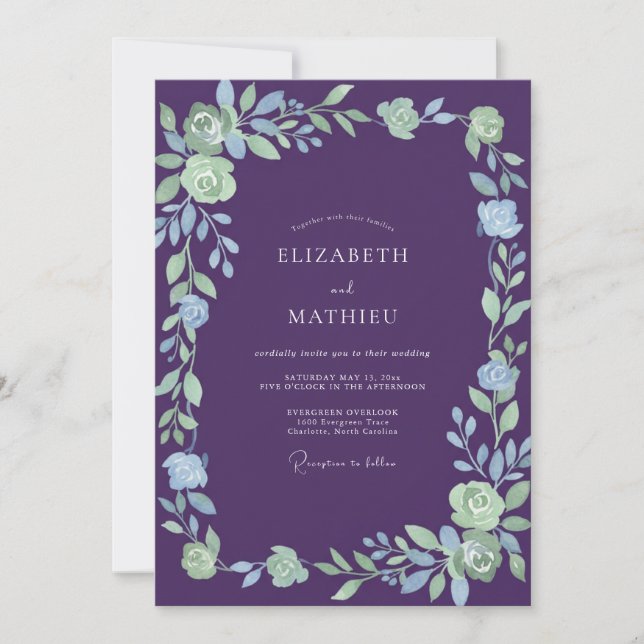 Invitation Mariage aux vignes de menthe et d'aubergine (Devant)