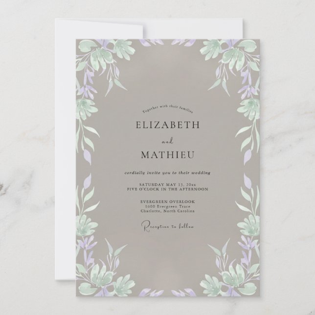 Invitation Mariage aux vignes de pervenche taupe (Devant)