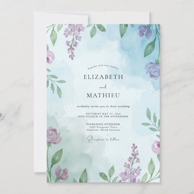 Invitation Mariage aux vignes mauves et bleu pervenche (Devant)
