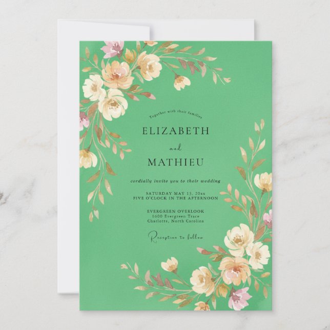 Invitation Mariage aux vignes peintes de couleur écume de mer (Devant)