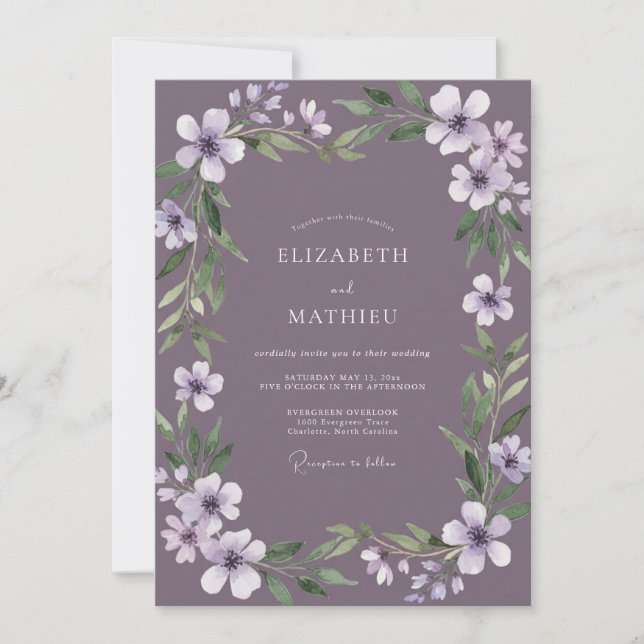 Invitation Mariage aux Vignes Peintes de Lilas Profond (Devant)
