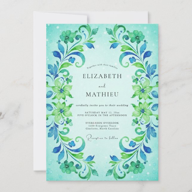Invitation Mariage aux vignes peintes en cyan (Devant)