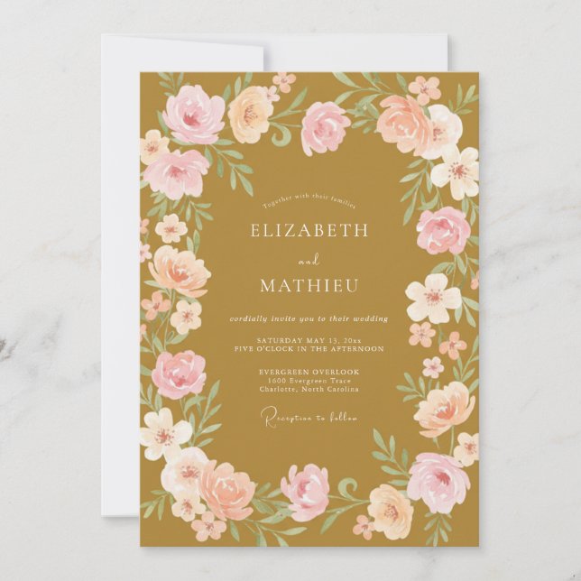 Invitation Mariage aux vignes roses et moutarde (Devant)