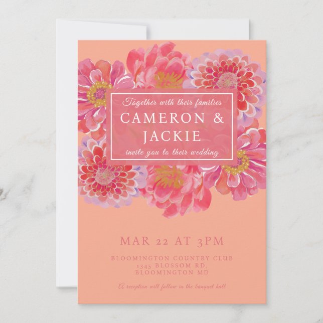 Invitation Mariage aux Zinnias Corail Rose Vibrant  (Devant)