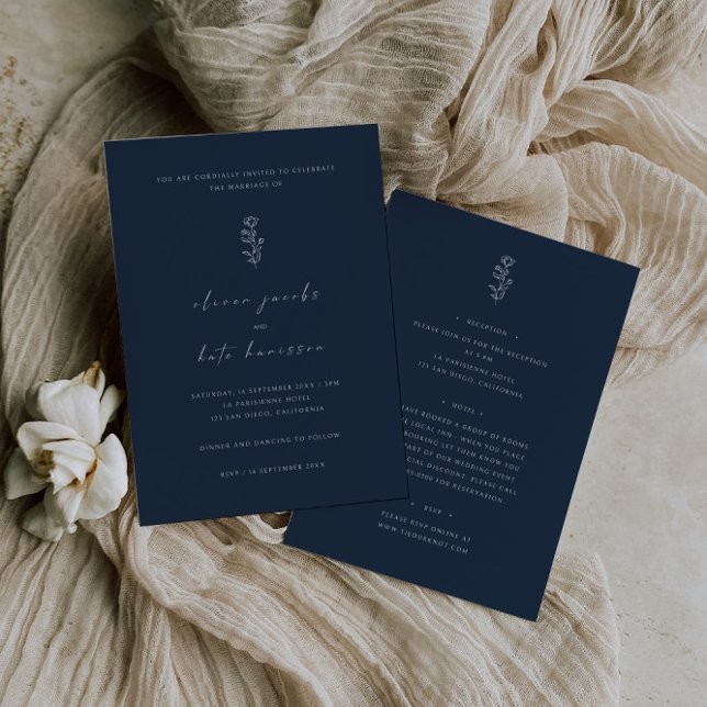 Invitation Mariage avant et arrière bleu marine à feuilles mi (Créateur téléchargé)