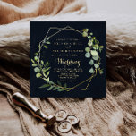 Invitation Mariage avant et arrière géométrique bleu or vert<br><div class="desc">Cette faire-part de mariage géométrique dorée et verdoyante à l'avant et à l'arrière est parfaite pour un mariage moderne. Le design présente de beaux feuilles verts peints à la main dans un arrière - plan bleu foncé, ornant un cadre géométrique doré. Enregistrez du papier en incluant plus de détails au...</div>