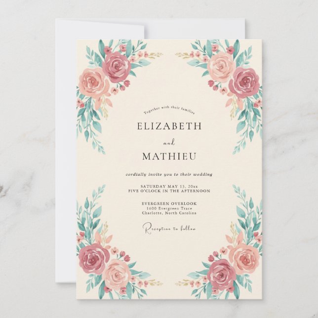 Invitation Mariage avec accent botanique Rose Poussiéreuse (Devant)