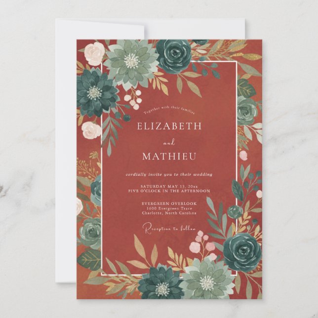 Invitation Mariage avec accent floral automnal sarcelle (Devant)