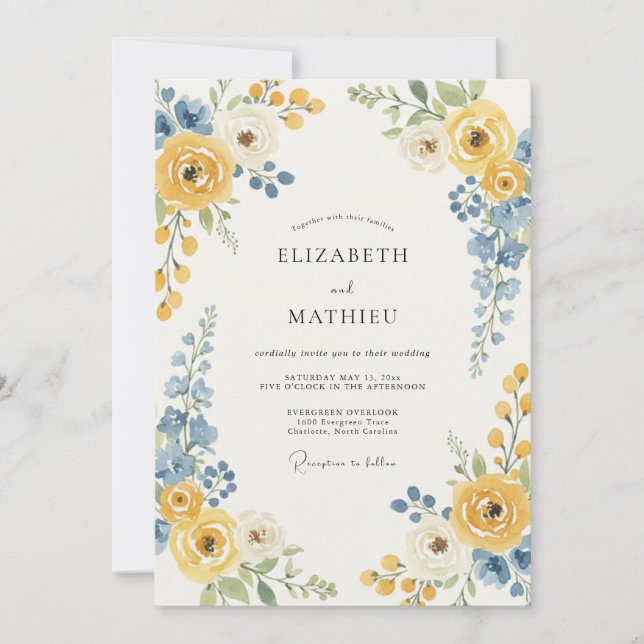 Invitation Mariage avec accent floral bleu jaune (Devant)