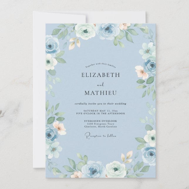 Invitation Mariage avec accent floral bleu poussiéreux (Devant)