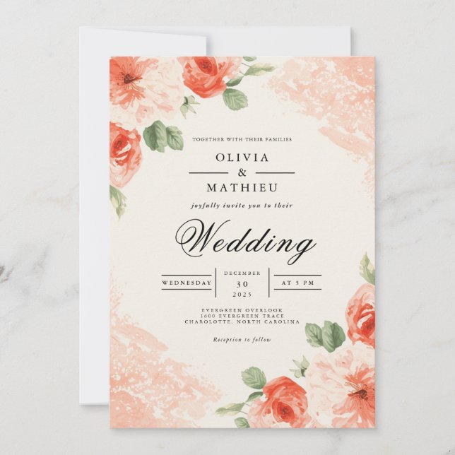 Invitation Mariage avec accent floral de corail doux (Devant)