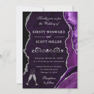 Invitation Mariage avec agate et bille pailletée violet et ar