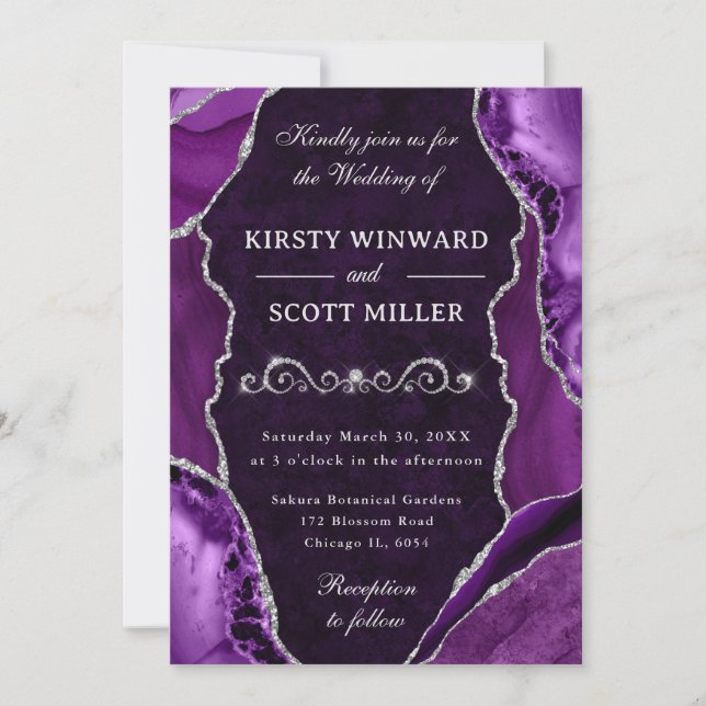 Invitation Mariage avec agate et billes pailletées violet et  (Devant)