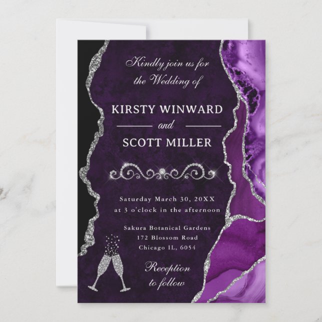 Invitation Mariage avec agate et billes pailletées violet et  (Devant)