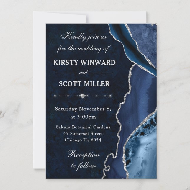 Invitation Mariage avec agate et marbre pailletés bleu et arg (Devant)