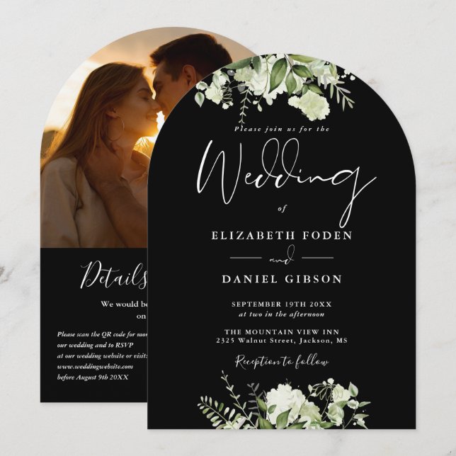 Invitation Mariage avec arche de photos en code QR floral noi (Devant / Derrière)