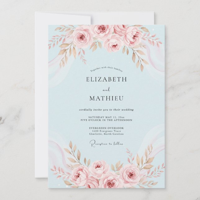 Invitation Mariage avec Arche de Pivoines Roses Ciel (Devant)