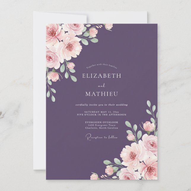 Invitation Mariage avec Arche Fleurie de Prune (Devant)