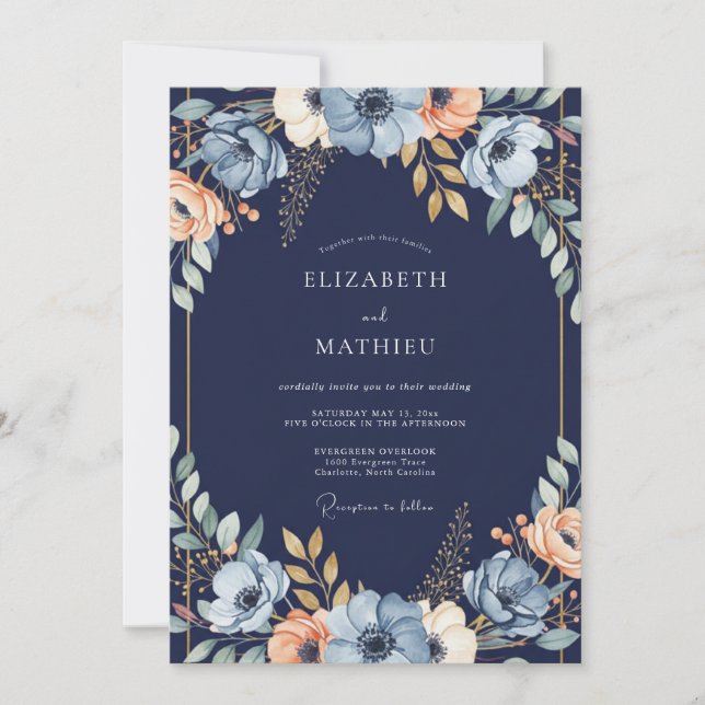 Invitation Mariage avec Arche Florale Bleu Marine (Devant)