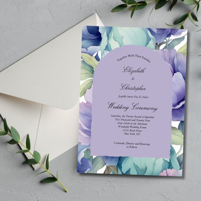 Invitation Mariage avec Arche Florale Bleu Violet Vert (Purple blue green pastel watercolor florals elegant arch wedding invitation. Printed or Digital)