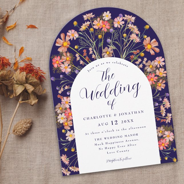 Invitation Mariage avec Arche Florale Bohème Automnale Rustiq (Boho fall rustic wildflower floral arch navy blue and white wedding invitation Elegant script )