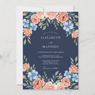 Invitation Mariage avec Arche Florale de Pêche Navy