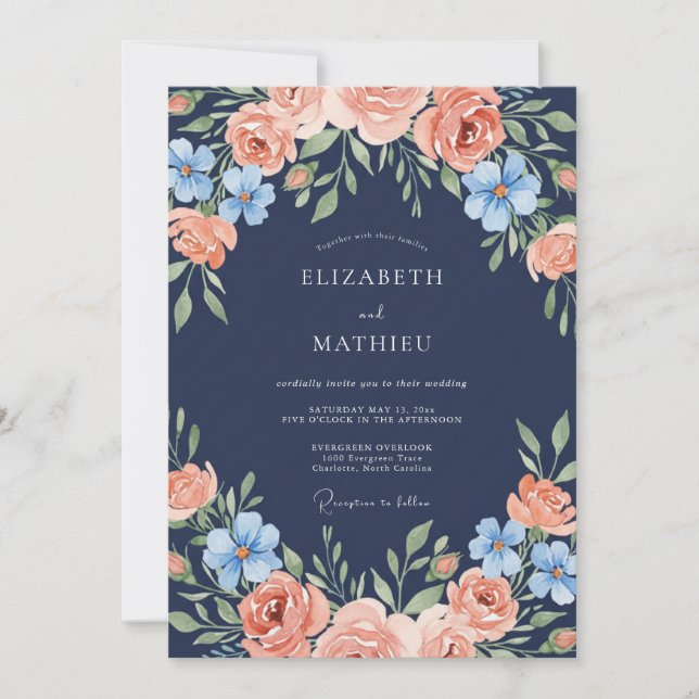 Invitation Mariage avec Arche Florale de Pêche Navy (Devant)