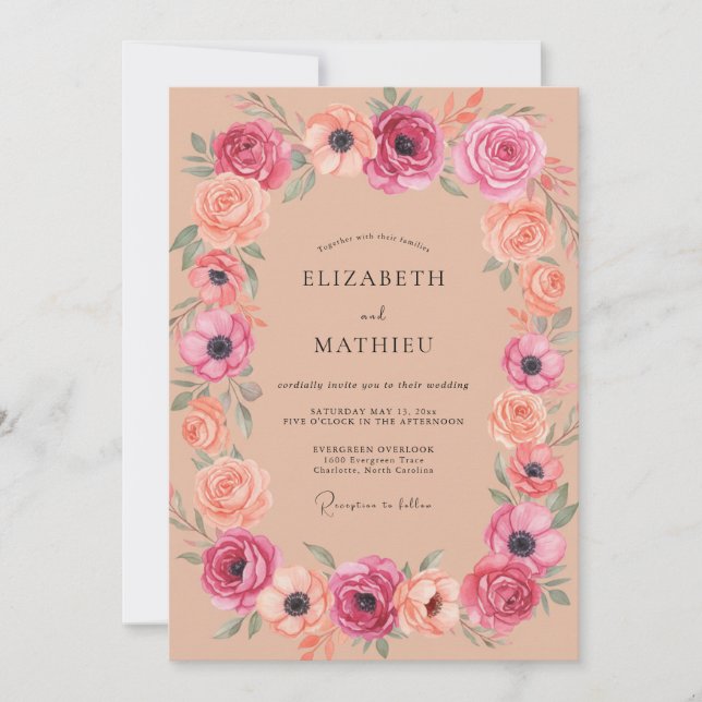 Invitation Mariage avec Arche Florale de Quartz Rose (Devant)
