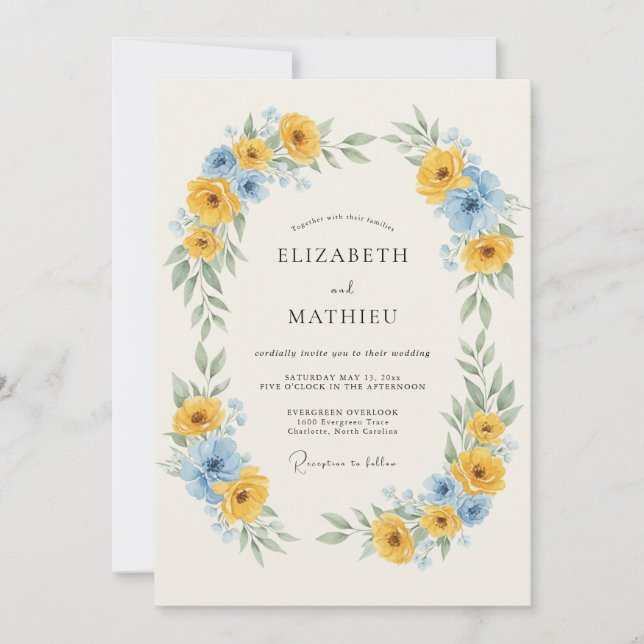 Invitation Mariage avec Arche Florale Jaune et Bleue (Devant)