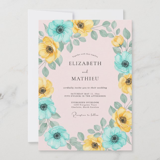 Invitation Mariage avec arche florale jaune sarcelle (Devant)