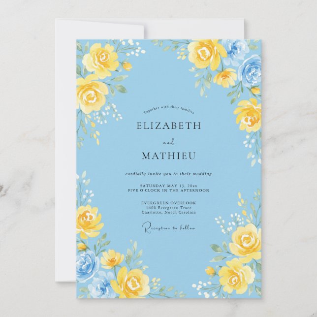 Invitation Mariage avec Arrangement Floral Bleu Ciel (Devant)