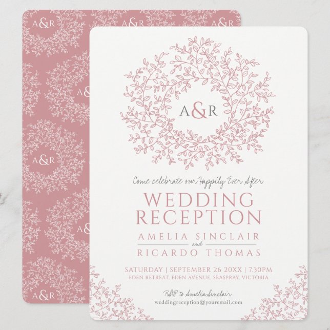 Invitation Mariage avec art de monogramme de feuille rose blu (Devant / Derrière)