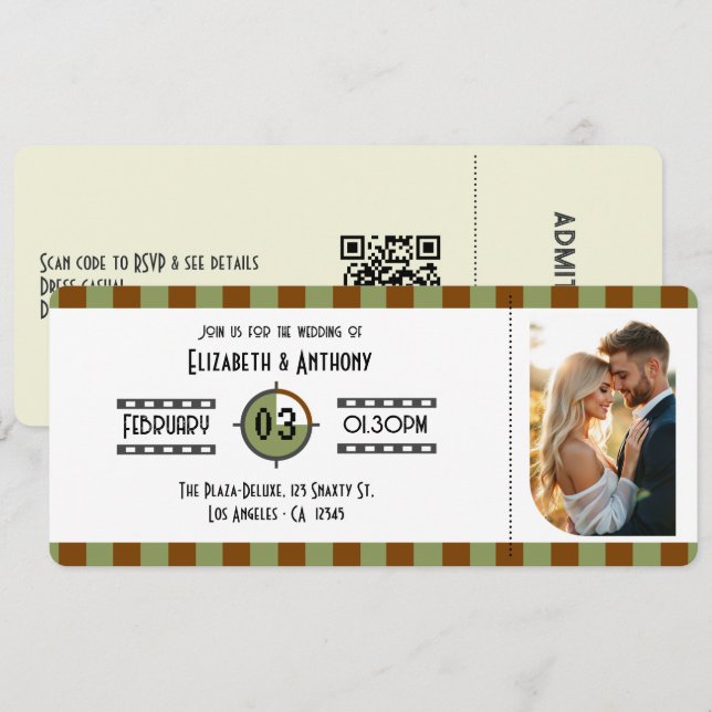 Invitation Mariage avec billets marron chocolat, vert sauge e (Devant / Derrière)