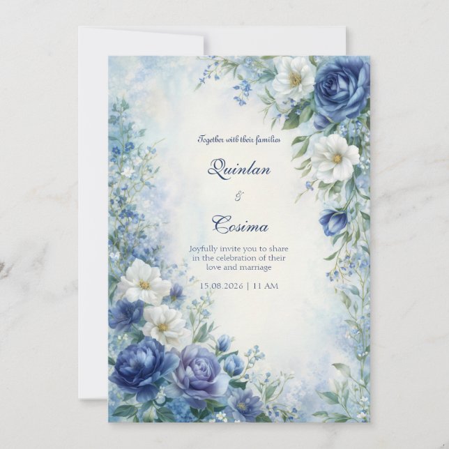 Invitation Mariage avec bordure aquarelle Indigo Rose Misty (Devant)