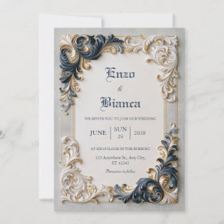 Invitation Mariage avec bordure baroque bleu marine ivoire
