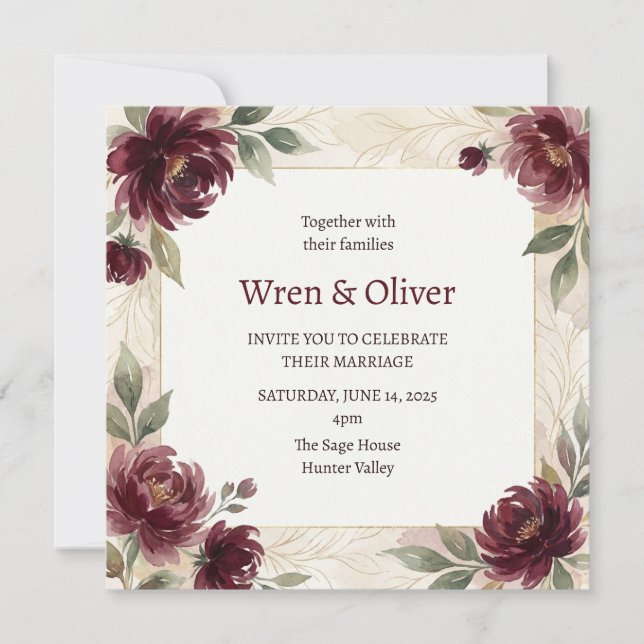 Invitation Mariage avec Bordure de Rose Bourguignonne (Devant)
