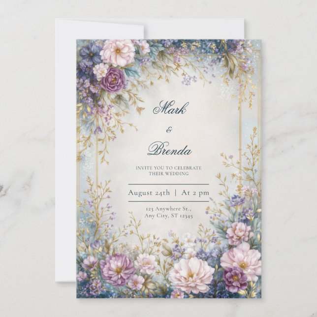 Invitation Mariage avec Bordure Dorée Indigo Lavande Étincela (Devant)