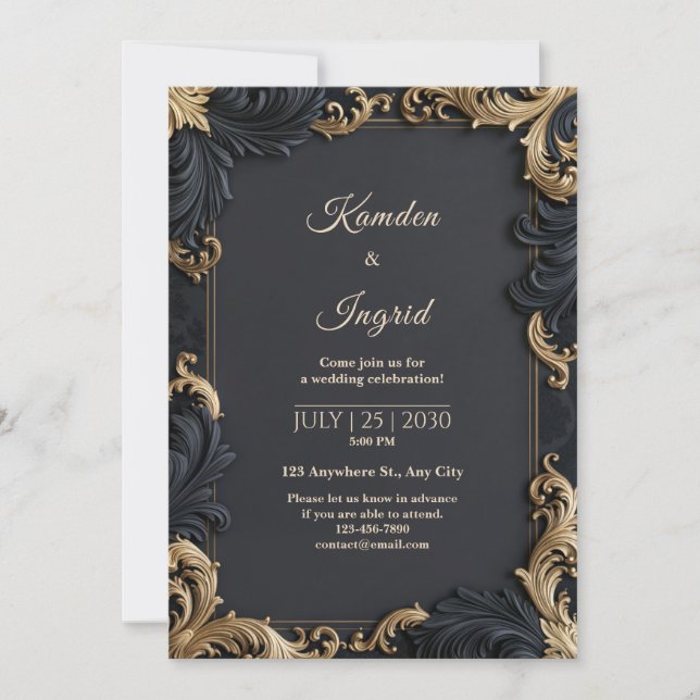 Invitation Mariage avec Bordure Filigrane Dorée de Minuit (Devant)