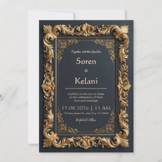 Invitation Mariage avec bordure filigranée or doré de minuit