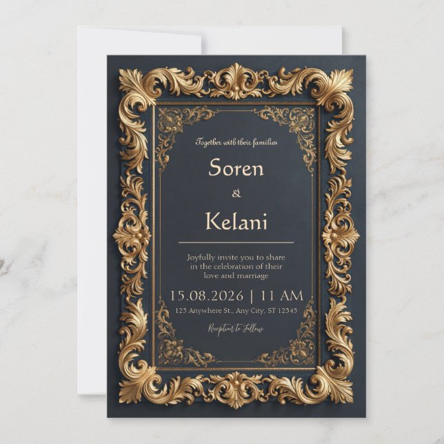 Invitation Mariage avec bordure filigranée or doré de minuit (Devant)