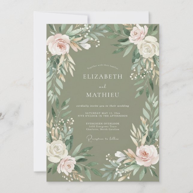 Invitation Mariage avec bordure florale sauge (Devant)