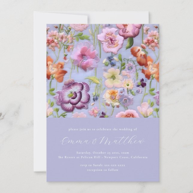 Invitation Mariage avec broderie botanique violet et orange g (Devant)