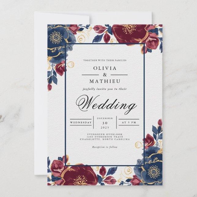 Invitation Mariage avec cadre floral bordeaux profond (Devant)