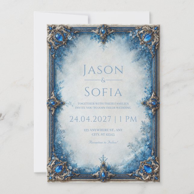 Invitation Mariage avec cadre floral saphir (Devant)