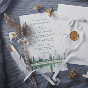 Invitation Mariage avec code QR aquarelle de forêt de montagn