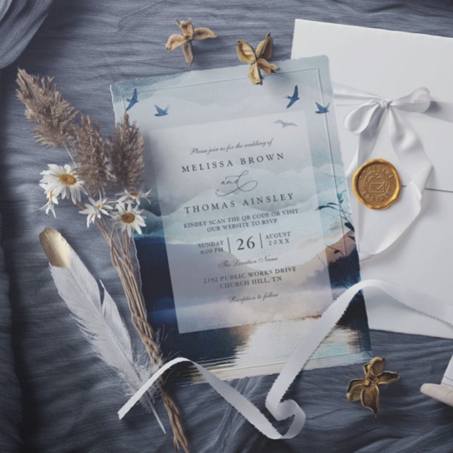 Invitation Mariage avec code QR aquarelle rustique du lac de  (Créateur téléchargé)