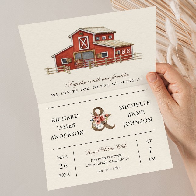 Invitation Mariage avec code QR de grange rouge rustique à la (Créateur téléchargé)
