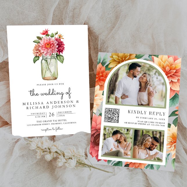 Invitation Mariage avec code QR de jar Mason floral de Dahlia (Créateur téléchargé)